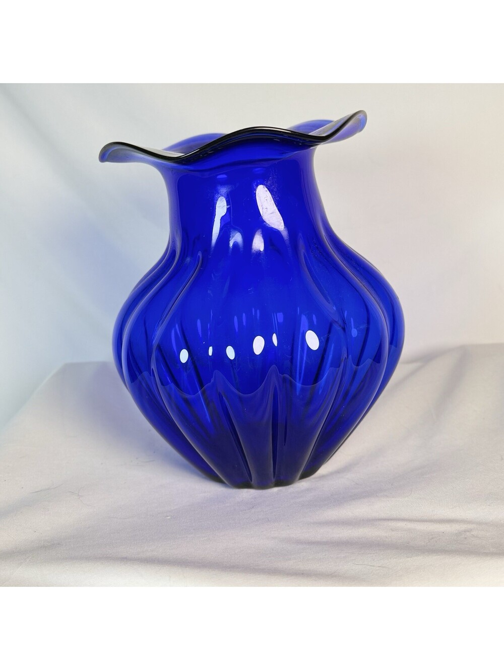 Vtg Hand Blown Cobalt Deep Blue Glass Vase Ruffled Edge Style Elegant 10 In